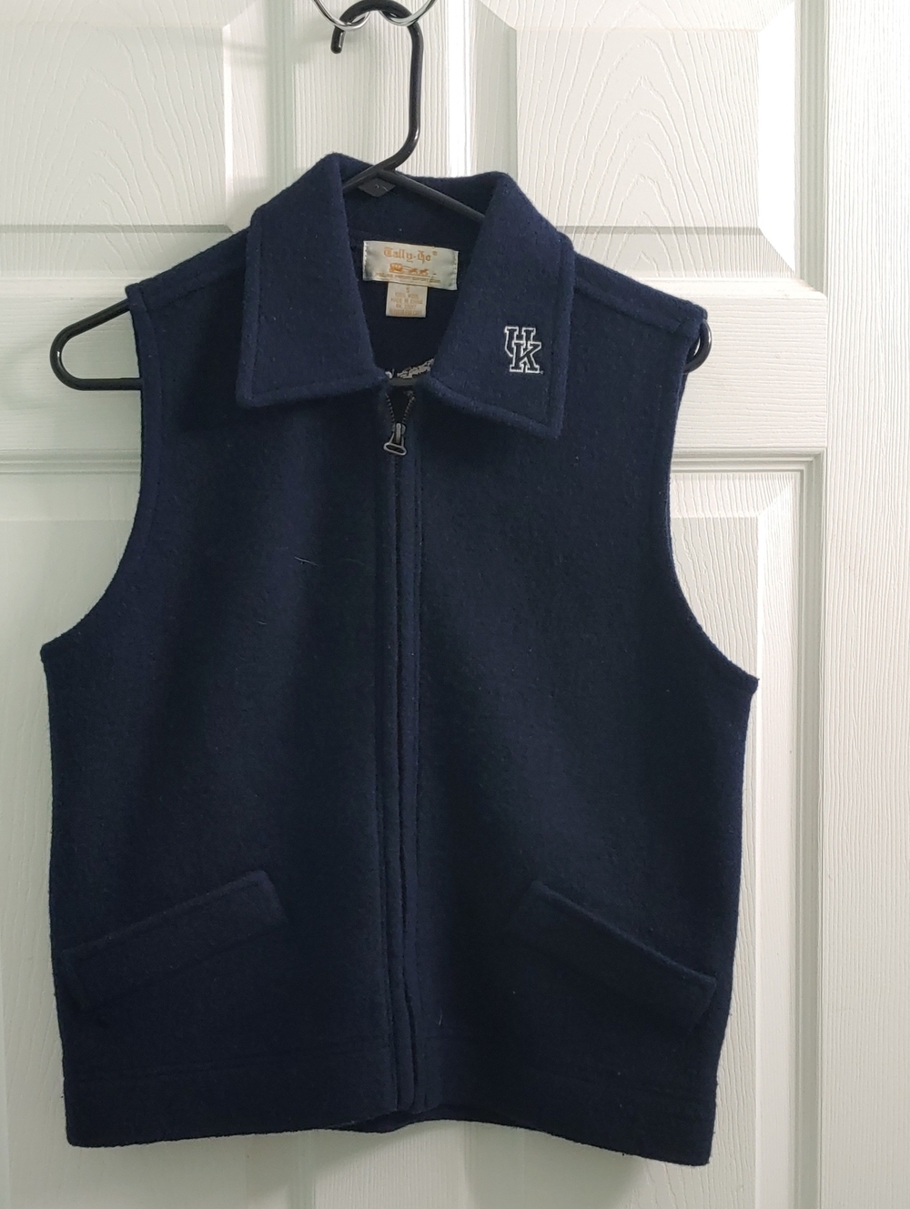 Vintage UK Wool Vest Tally Ho Go Cats Navy Full Zip Sweater Women's Size S